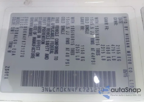 2015 Nissan Nv200 Sv z USA, uszkodzony, nr VIN 3N6CM0KN4FK721270